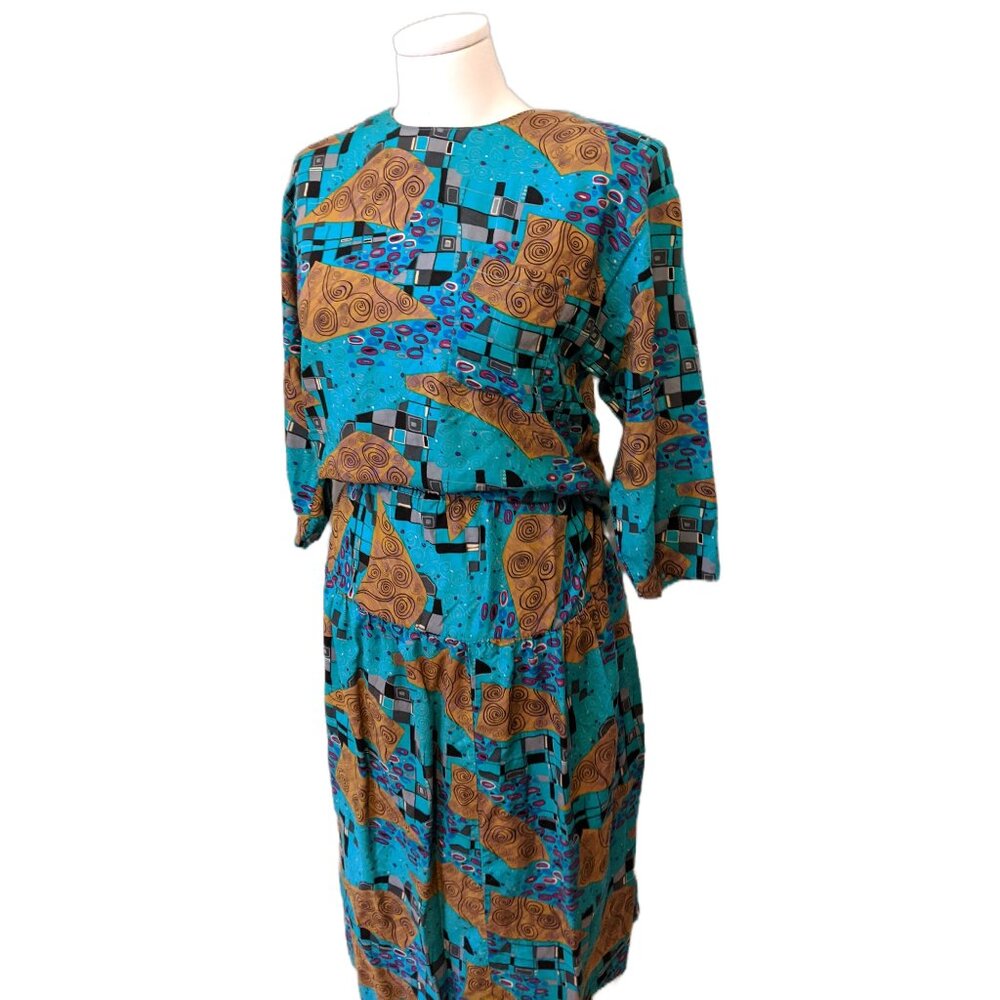 Vintage 80s Womens Two Piece Top & Skirt Set Abstract Blue Retro Statement Sz L
